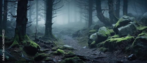 Misty spooky forest background  gloomy trees in scary horror foggy woods Happy Halloween dark night creepy nature mist fantasy atmosphere mystery dramatic landscape fall nightmare scenery. Copy space