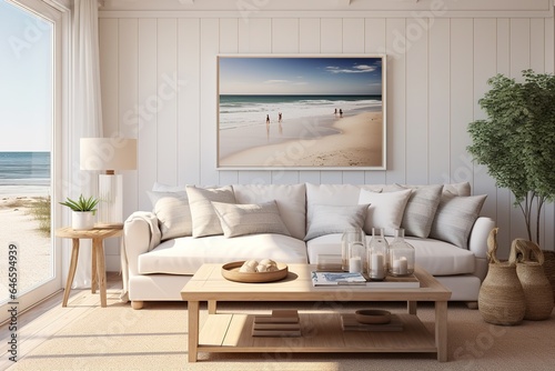 Coastal Cottage Living Room with a white slipcovered sofa, seashell accents, beachy artwork, and a laid-back, coastal vibe. Coastal home decor. Template