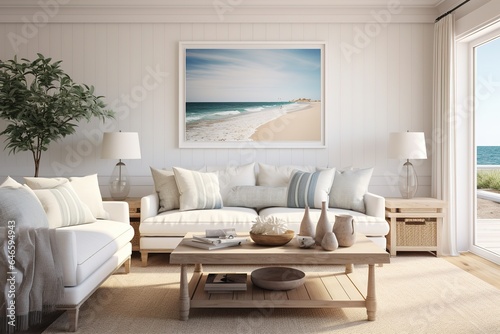 Coastal Cottage Living Room with a white slipcovered sofa, seashell accents, beachy artwork, and a laid-back, coastal vibe. Coastal home decor. Template