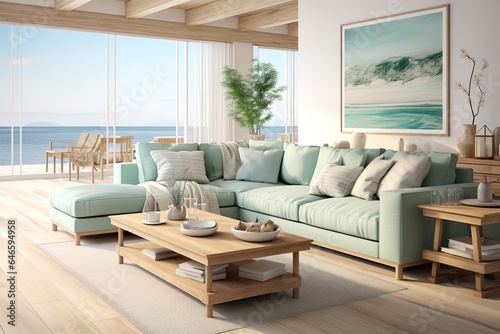 Coastal Cottage Living Room with a white slipcovered sofa, seashell accents, beachy artwork, and a laid-back, coastal vibe. Coastal home decor. Template © Parvez