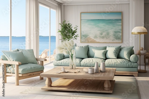 Coastal Cottage Living Room with a white slipcovered sofa  seashell accents  beachy artwork  and a laid-back  coastal vibe. Coastal home decor. Template