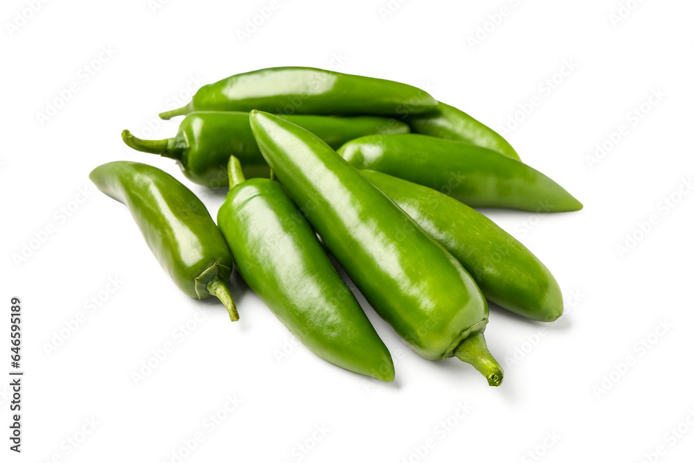 Green chili peppers on white background Green chili peppers on white background