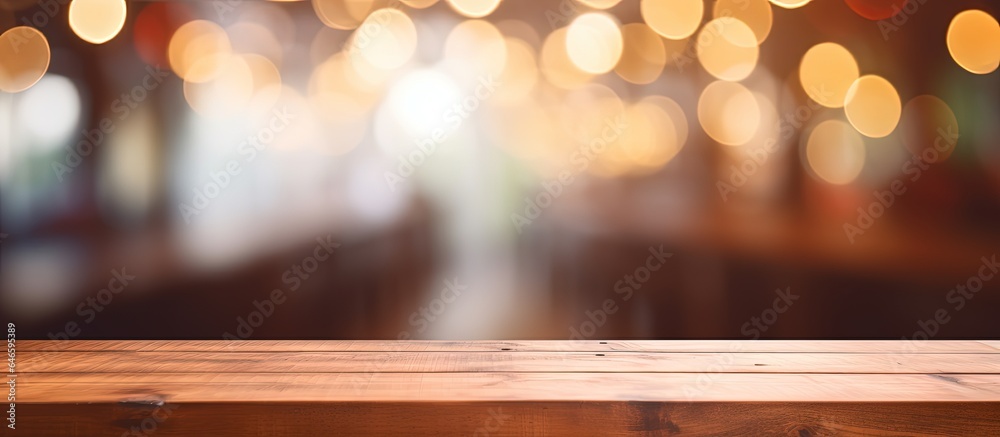 Empty brown wooden table with blurred background for photomontage or product display in coffee shop or restaurant.