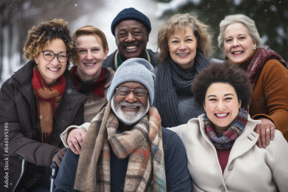 Group winter portrait of happy adult diverse friends smiling and looking at camera. Group winter portrait of happy adult diverse friends smiling and looking at camera.