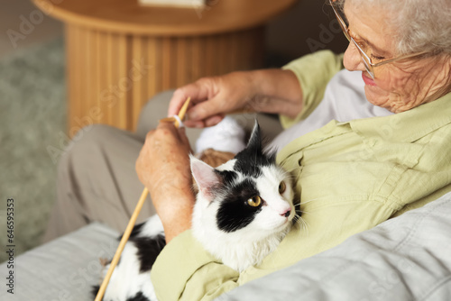 Senior woman with cute cat and knitting needles resting at home