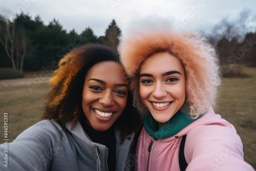 Selfie portrait of two pretty diverse young women.