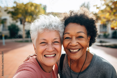Selfie portrait of two diverse active senior women smiling and looking at camera. © Maria