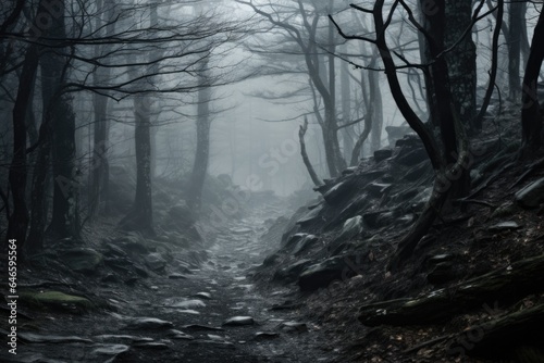 Misty spooky forest background, gloomy trees in scary horror foggy woods Happy Halloween dark night creepy nature mist fantasy atmosphere mystery dramatic landscape fall nightmare scenery. Copy space © Synthetica