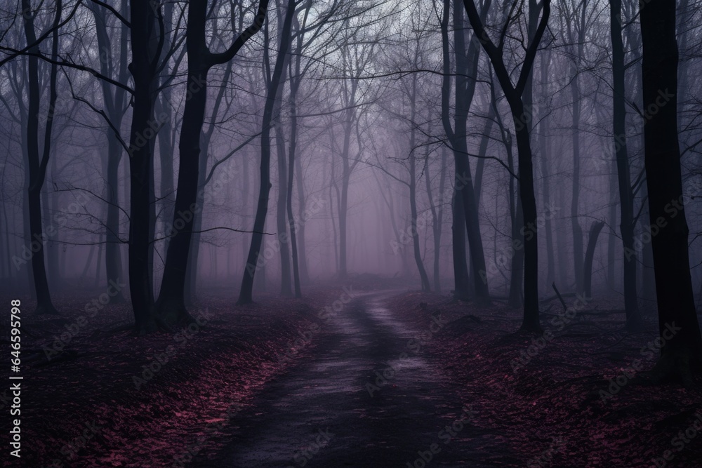 Fototapeta premium Misty spooky forest background, gloomy trees in scary horror foggy woods Happy Halloween dark night creepy nature mist fantasy atmosphere mystery dramatic landscape fall nightmare scenery. Copy space