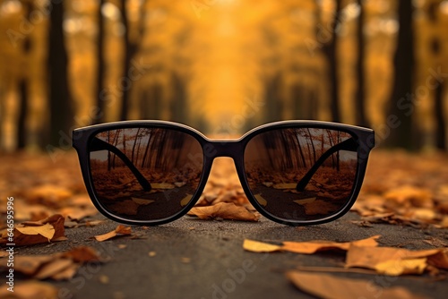 A pair of sunglasses sitting on top of a leaf covered ground. Imaginary illustration.