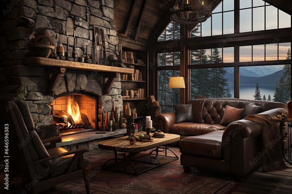 Rustic Living Room with a stone fireplace, leather armchair, antler chandelier, and cozy cabin - inspired decor. Rustic home decor.