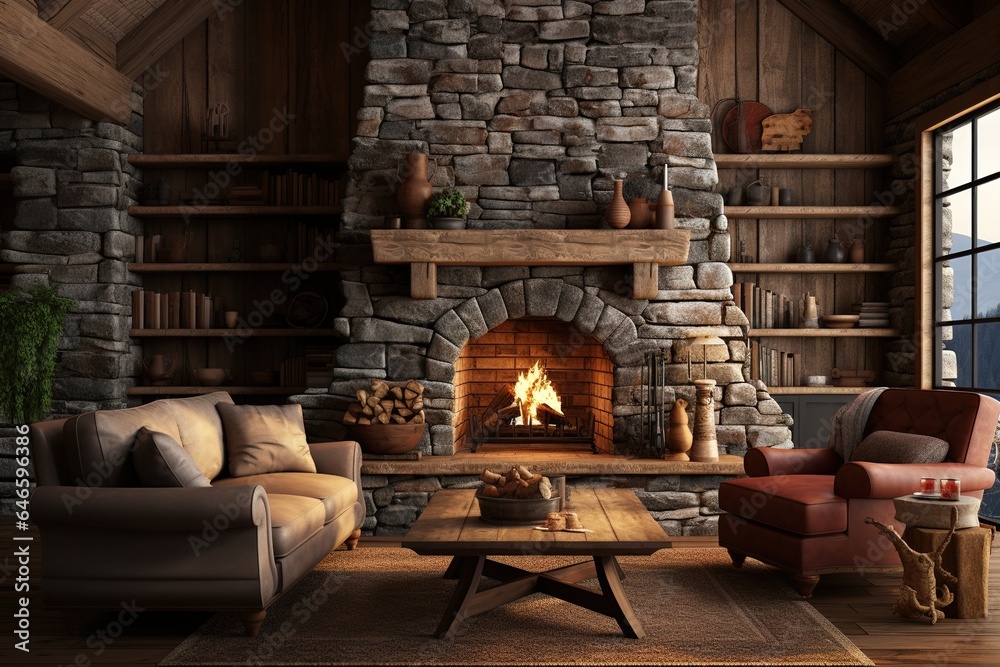 Obraz premium Rustic Living Room with a stone fireplace, leather armchair, antler chandelier, and cozy cabin - inspired decor. Rustic home decor.