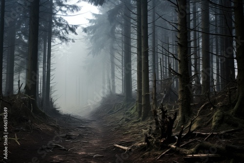 Misty spooky forest background  gloomy trees in scary horror foggy woods Happy Halloween dark night creepy nature mist fantasy atmosphere mystery dramatic landscape fall nightmare scenery. Copy space