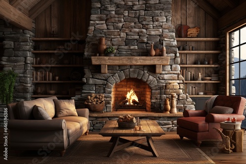 Rustic Living Room with a stone fireplace, leather armchair, antler chandelier, and cozy cabin - inspired decor. Rustic home decor.