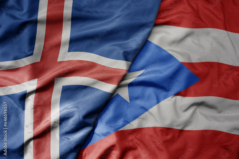 big waving national colorful flag of icelandic and national flag of puerto rico . big waving national colorful flag of icelandic and national flag of puerto rico .