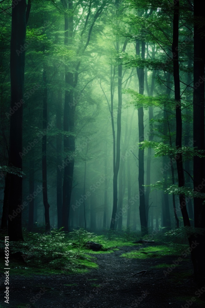 Obraz premium Misty spooky forest background, gloomy trees in scary horror foggy woods Happy Halloween dark night creepy nature mist fantasy atmosphere mystery dramatic landscape fall nightmare scenery. Copy space