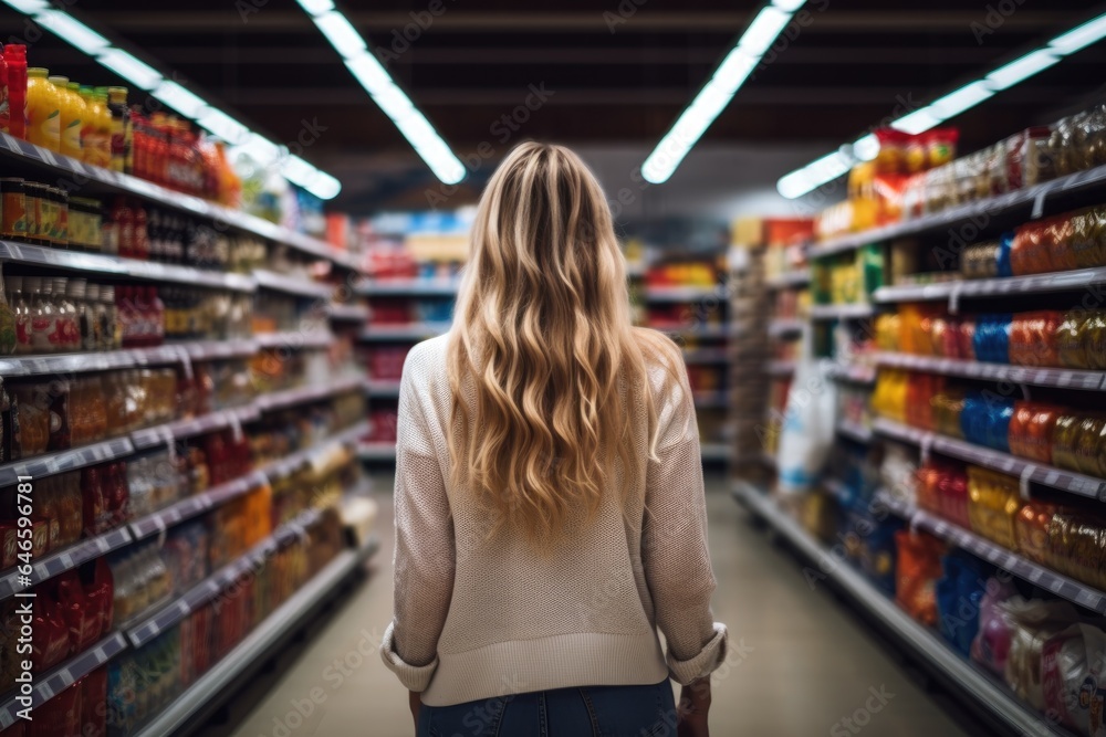 beautiful young girl chooses groceries in a supermarket. back view.
