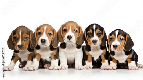 Adorable Canine Friends in a Row, Looking at Camera on White Background