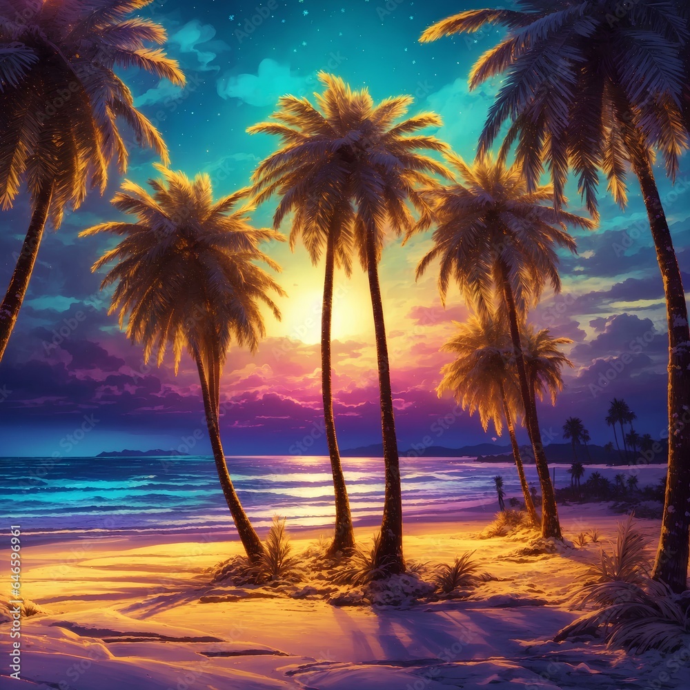 beautiful golden background palm trees on the beach with attractive light and details 