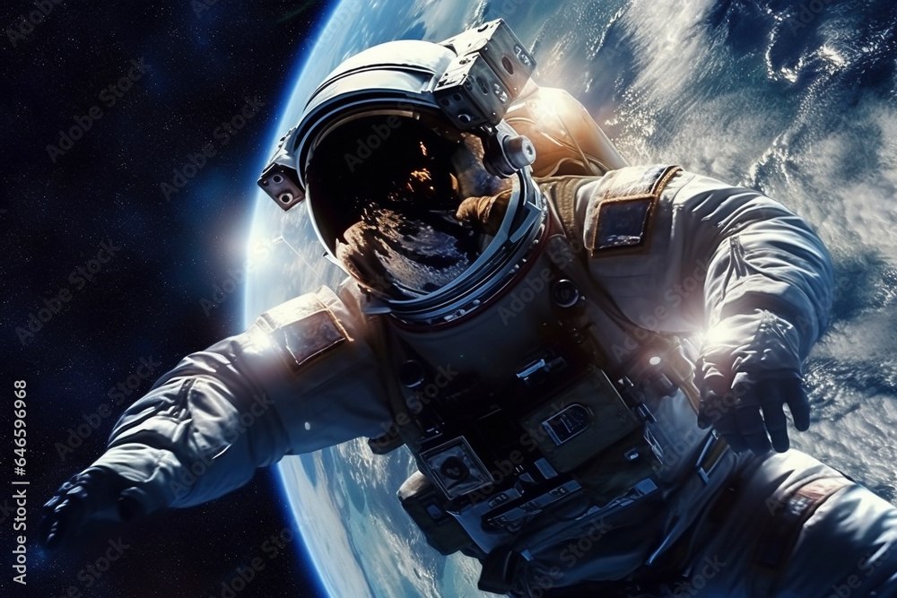 宇宙服を着て宇宙空間に浮かぶ宇宙飛行士「AI生成画像」 - obrazy, fototapety, plakaty 