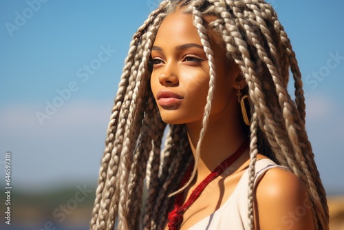 Portrait of a beautiful afro girl with blond dreadlocks outdoors on a sunny day