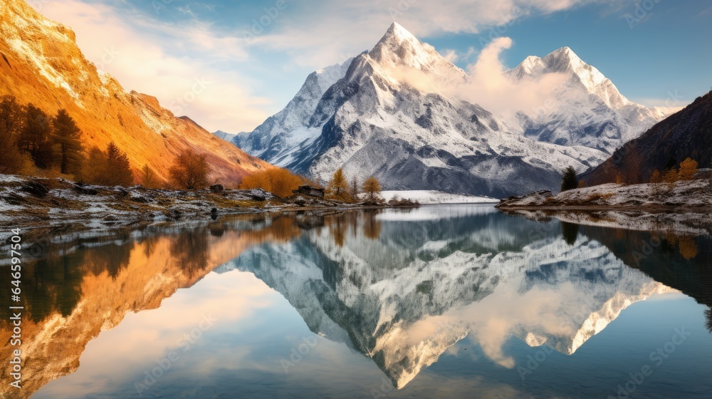 Tranquil Winter Landscape with Snowcapped Mountains and Reflection in Calm Lake Tranquil Winter Landscape with Snowcapped Mountains and Reflection in Calm Lake