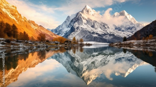 Tranquil Winter Landscape with Snowcapped Mountains and Reflection in Calm Lake