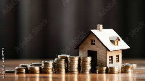 small model house on a table with a stack of coins. Concept for real estate and saving for a home. generative AI