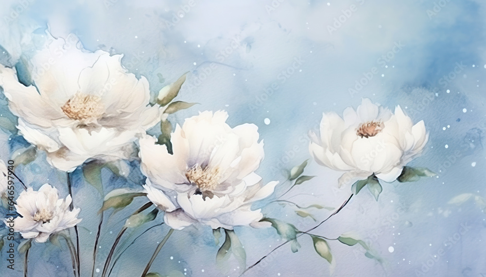 white peony flowers watercolor background