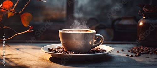 On a cozy kitchen surface, a beautiful coffee cup sits beside a saucer with cane sugar, against a blurry background.