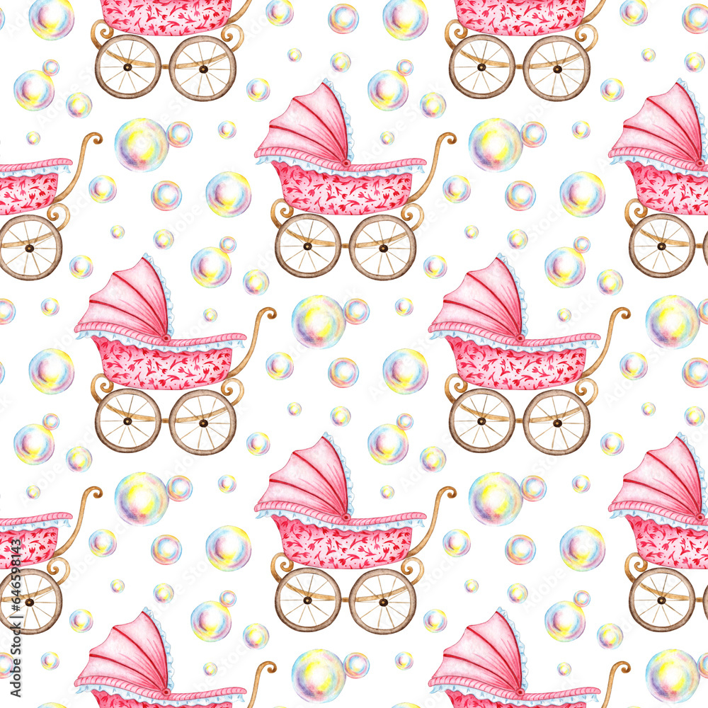 Watercolor illustration pattern of pink baby stroller and soap bubbles. Pictures for fabric textile children's clothing, wallpaper, wrapping paper, packaging, design, invitation, card sticker Isolated