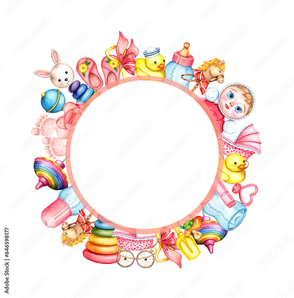 Watercolor illustration of a pink round frame made of children's toys. Pictures for fabric textile children's clothing, wallpaper, wrapping paper, packaging, design, invitation, card, sticker Isolated