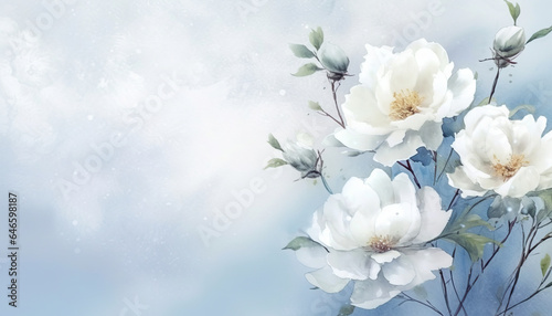 white peony flowers watercolor background © hamsyahi952