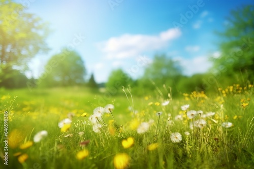Beautiful meadow field with fresh grass and yellow dandelion flowers in nature against a blurry blue sky with clouds. Summer spring perfect natural landscape. gerenative ai. © SEUNGJIN