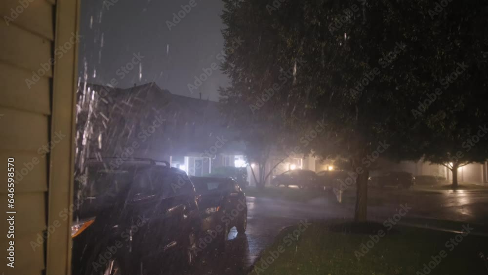 Heavy rain storm rain falls on street near family houses. Hard storm night