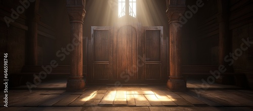 Unoccupied wooden confessional in the sunlight of the aged church. photo