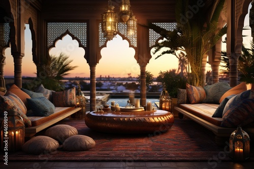 Arabian Nights Lounge with ornate furnishings  vibrant textiles  brass lanterns  and an exotic  Middle Eastern ambiance. Arabian Nights home decor. Template