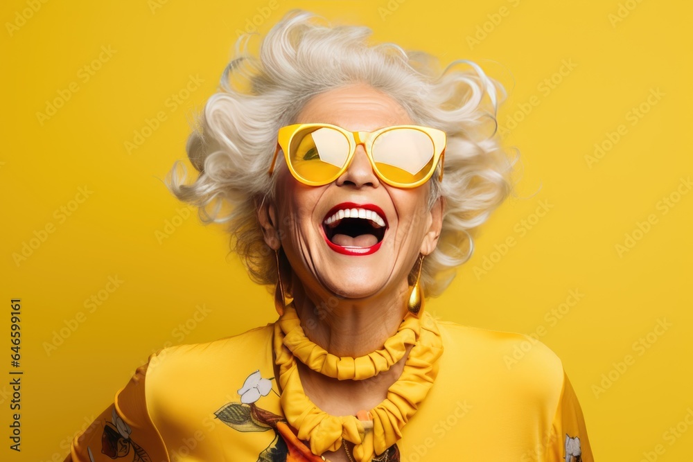 portrait of a cheerful smiling elderly grandmother in glasses on a yellow background - obrazy, fototapety, plakaty 