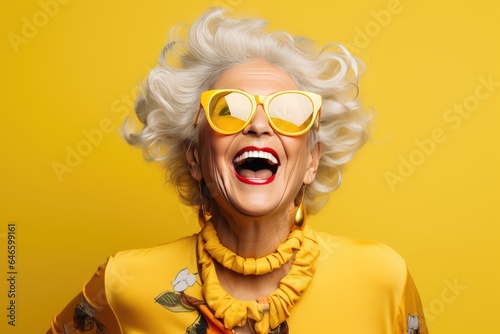 portrait of a cheerful smiling elderly grandmother in glasses on a yellow background