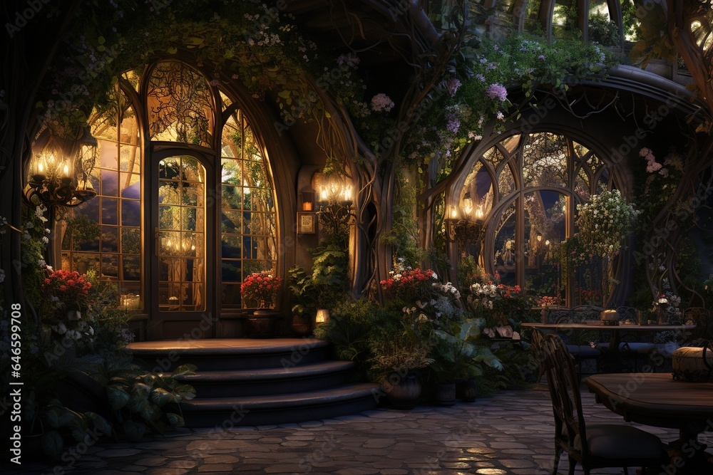 Enchanted Garden Retreat with a lush indoor garden, vine-covered walls, fairy lights, and a magical, nature-inspired design. Enchanted garden home decor. Template