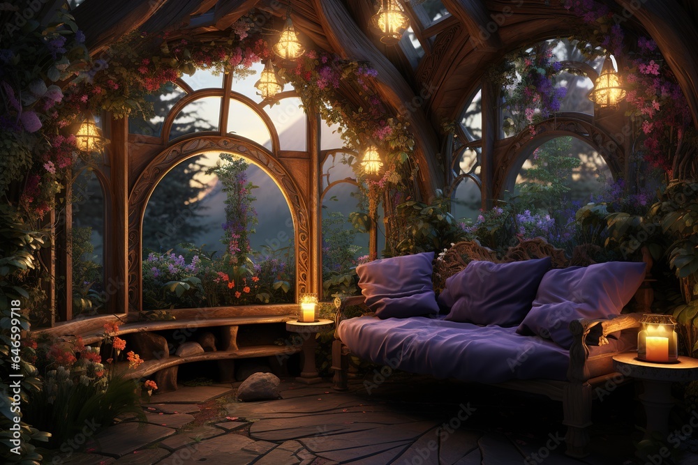 Enchanted Garden Retreat with a lush indoor garden, vine-covered walls ...
