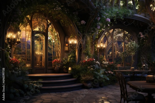 Enchanted Garden Retreat with a lush indoor garden  vine-covered walls  fairy lights  and a magical  nature-inspired design. Enchanted garden home decor. Template