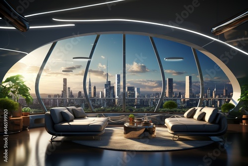 Futuristic Skyline Lounge with floor-to-ceiling windows, cityscape views, sleek seating, and a high-tech, urban retreat. Futuristic skyline home decor