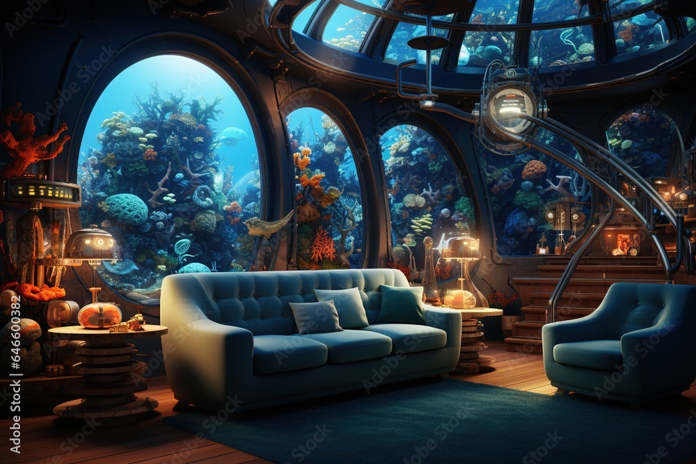 Ocean Explorer's Lounge with underwater views, nautical decor, and a  maritime-themed, adventurous escape. Ocean explorer's home decor. Template  Stock Photo