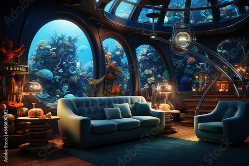 Ocean Explorer's Lounge with underwater views, nautical decor, and a maritime-themed, adventurous escape. Ocean explorer's home decor. Template