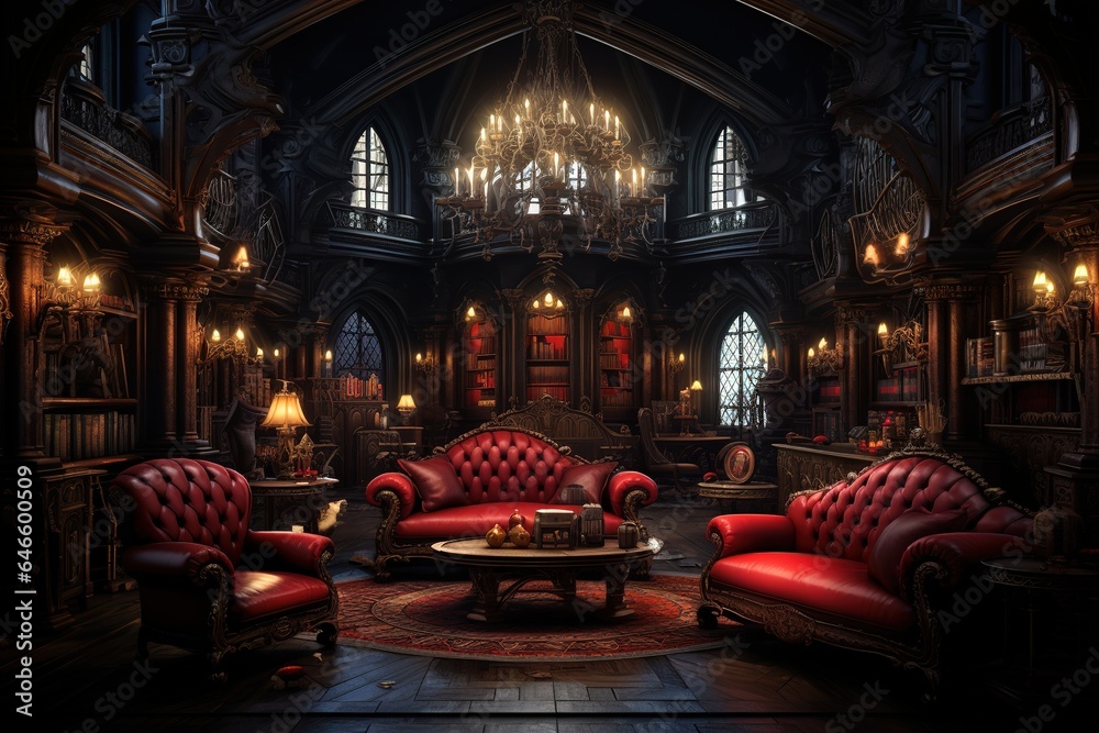 Victorian Vampire's Lair with rich velvet upholstery, Gothic decor, and a dark, vampiric ambiance. Victorian vampire's lair home decor. Template