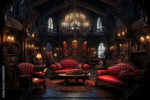 Victorian Vampire's Lair with rich velvet upholstery, Gothic decor, and a dark, vampiric ambiance. Victorian vampire's lair home decor. Template © Parvez