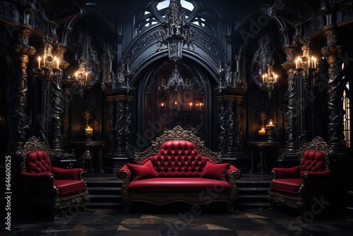 Fotografija Victorian Vampire's Lair with rich velvet upholstery, Gothic decor, and a dark, vampiric ambiance