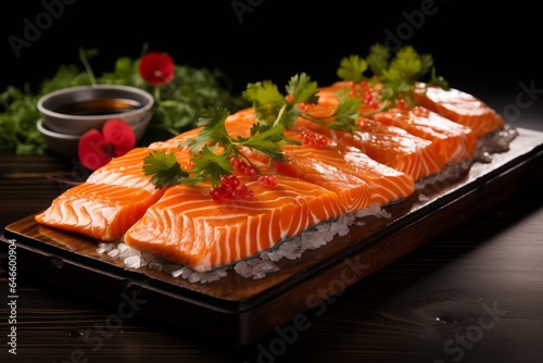 Appetizing salmon on a dark background with selective focus