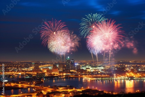 Fireworks over the city. Merry christmas and happy new year concept